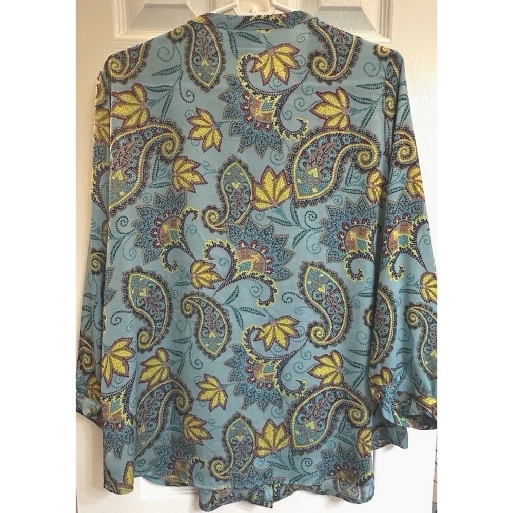 Liz Claiborne Womens Teal Paisley Pleated Front Long Sleeve Blouse Size L - Picture 2 of 5